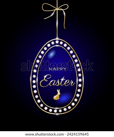 Happy Easter greeting card, easter egg with sapphire and diamonds , gold, celebration, illustration,