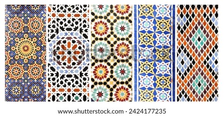 Set of vertical or horizontal banners with detail of ancient mosaic walls with floral and geometric ornaments. Collection of backgrounds with traditional iranian tile decorations Royalty-Free Stock Photo #2424177235