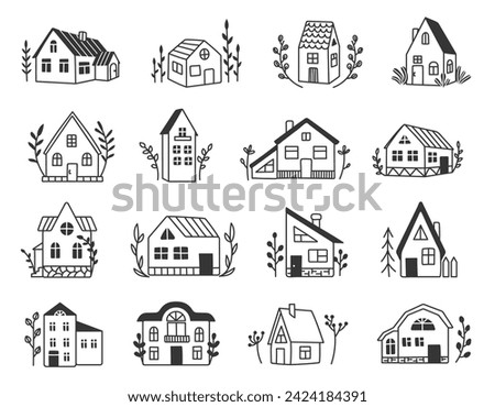 Hand drawn cozy houses. Minimalist line art cottage, vintage country house and sweet home vector doodle illustration set. Urban street properties or buildings with plants isolated on white Royalty-Free Stock Photo #2424184391