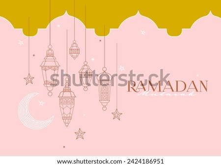 Vector Ramadan Mubarak premade card. A4 page size. Vintage banner for Ramadan wishing. Shining Arabic lanterns, arch, crescent. Islamic Holidays luxury pink background. Muslim feast of Ramadan month.