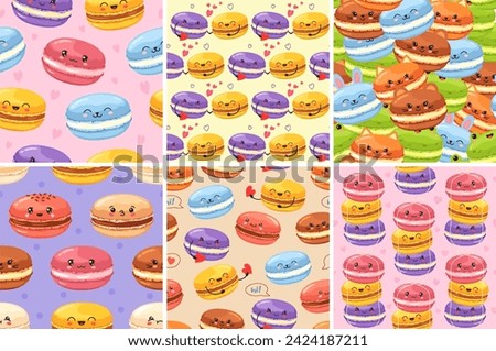 Kawaii macaron pattern. Cute animal macarons, french sweet dessert backgrounds and bakery seamless vector illustration set. Delicious food with funny expressions, sugar smiling characters