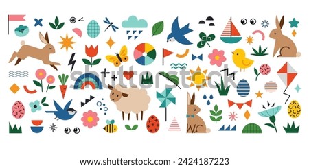 Vector set of bright colorful Easter characters, symbols, flowers and geometric shapes for spring Easter desing on white background.
