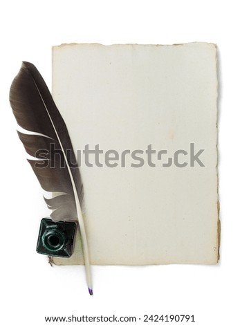 Vintage paper sheet with feather and ink bottle, isolated on a white background Royalty-Free Stock Photo #2424190791