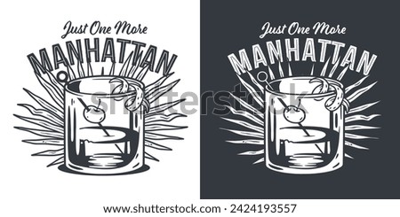 Monochrome manhattan cocktail, old fashioned with whiskey, vermouth and cherry for design of bar menu. Alcohol cocktail for drink party or tee print. Royalty-Free Stock Photo #2424193557