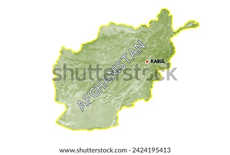 Afghanistan map, green color, white background, with English text: Afghanistan and Kabul Royalty-Free Stock Photo #2424195413