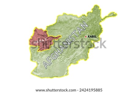 Herat, Afghanistan map, green color, white background, with English text: Afghanistan and Kabul, Herat Royalty-Free Stock Photo #2424195885