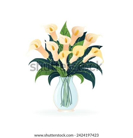 Bouquet of calla lilies. Flowers in vase. isolated vector illustration on white background. Modern art for poster, postcard, banner, card and etc. Vector clip art. Women's Day, Mother's Day.