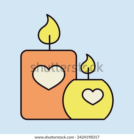 Burning candle with hearts icon. Valentines day symbol. Vector illustration, romance elements. Sticker, patch, badge, card for marriage, wedding