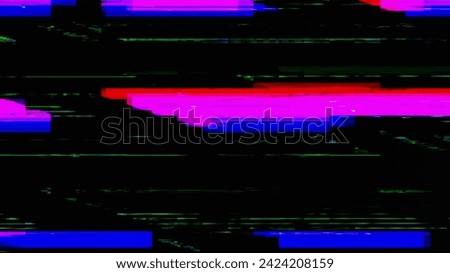 Abstract background. Glitch wave. Signal error. Colorful analog artifacts old recorder defect grain effect spreading on black tv screen art.