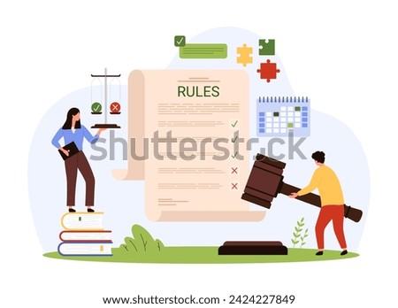 Law compliance, company policies and rules document, legal regulatory guide and advices. Tiny people practice regulatory legislation with balance scales and judges hammer cartoon vector illustration Royalty-Free Stock Photo #2424227849