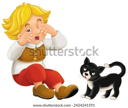 Cartoon farm character farmer man boy child with happy black cat isolated illustration for children