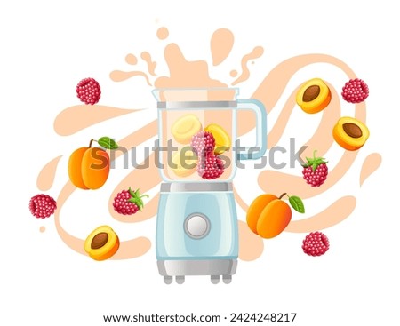Stationary blender with fresh fruits and berries household electrical kitchen equipment for blending and mixing vector illustration isolated on white background Royalty-Free Stock Photo #2424248217