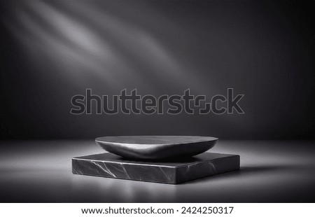 Elegant black stand or podium, scene with black stone and black background. Beautiful black background with place for the product. Elegant dark background.
