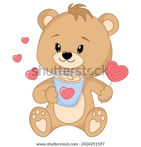 Cute teddy bear boy with coffee and heart's candy in his hands. Happy Valentine's Day. Vector illustration.
