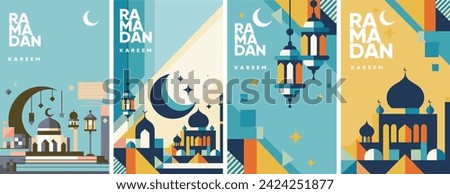 Ramadan Kareem, featuring geometric representations of mosques, crescent moons, stars, lanterns, and traditional Islamic architecture in a modern, abstract design with a vibrant color palette. Royalty-Free Stock Photo #2424251877