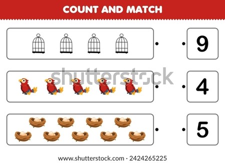 Game for children count and match the number of cute cage bird and nest printable pet worksheet