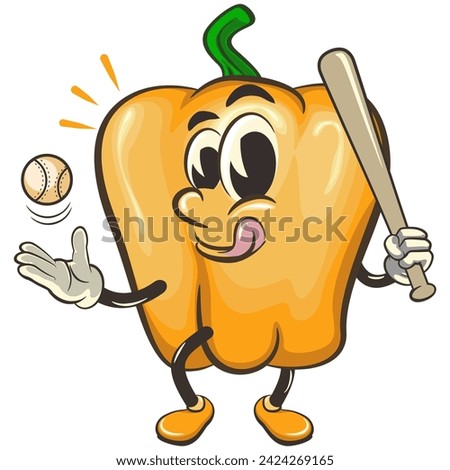 vector isolated clip art illustration of cute yellow bell peppers mascot ready to hit a baseball with a bat, work of handmade
