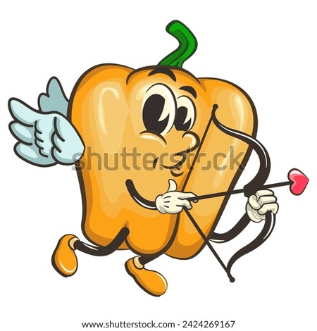 vector isolated clip art illustration of cute yellow bell peppers mascot being cupid with arrow of love, work of handmade