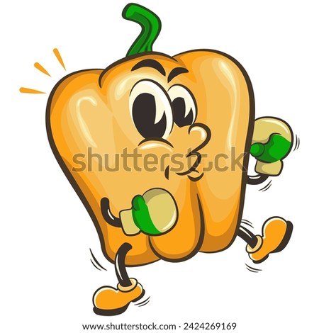 vector isolated clip art illustration of cute yellow bell peppers mascot practicing boxing wearing boxing gloves, work of handmade
