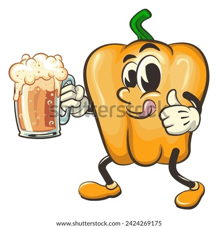 vector isolated clip art illustration of cute yellow bell peppers mascot raising a large beer glass while giving a thumbs up, work of handmade