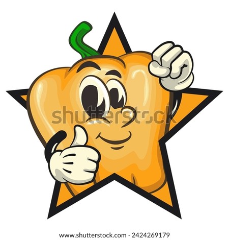 vector isolated clip art illustration of cute yellow bell peppers mascot out from of a star with thumbs up, work of handmade