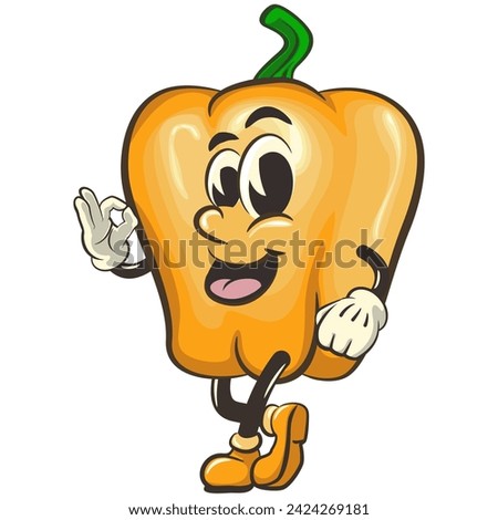 vector isolated clip art illustration of cute yellow bell peppers mascot giving okay sign, work of handmade