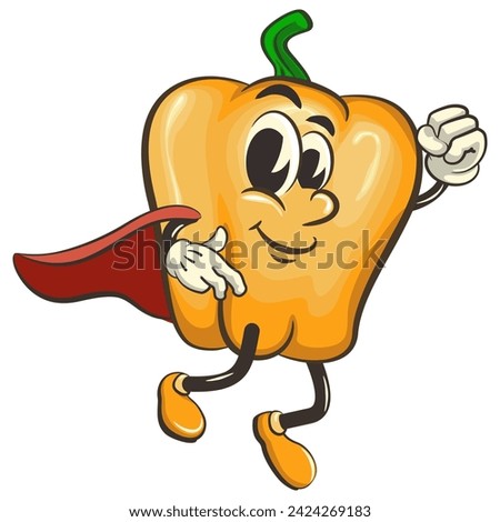 vector isolated clip art illustration of cute yellow bell peppers mascot being superhero with a cape, work of handmade