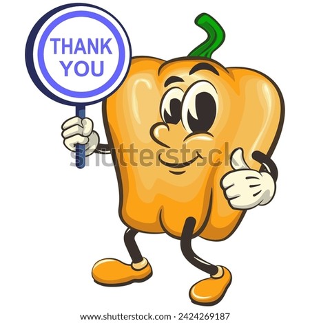 vector isolated clip art illustration of cute yellow bell peppers mascot carrying a sign saying thank you, work of handmade