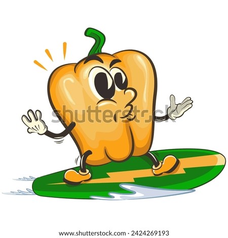 vector isolated clip art illustration of cute yellow bell peppers mascot surf with snowboarding, work of handmade
