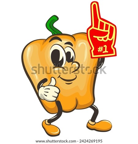 vector isolated clip art illustration of cute yellow bell peppers mascot raising a foam finger, work of handmade