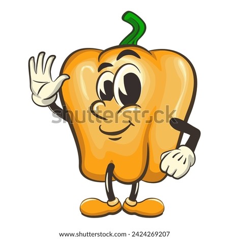 vector isolated clip art illustration of cute yellow bell peppers mascot giving wive, work of handmade
