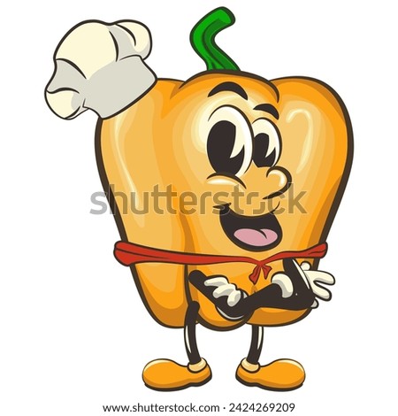 vector isolated clip art illustration of cute yellow bell peppers mascot wearing a chef's hat and wearing a red scarf, work of handmade