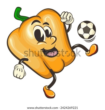 vector isolated clip art illustration of cute yellow bell peppers mascot playing football or soccer, work of handmade