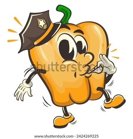 vector isolated clip art illustration of cute yellow bell peppers mascot wearing a police hat and blowing a whistle, work of handmade