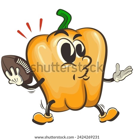 vector isolated clip art illustration of cute yellow bell peppers mascot playing american football with an oval ball, work of handmade