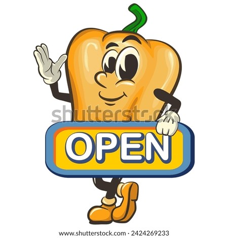 vector isolated clip art illustration of cute yellow bell peppers mascot carrying a sign that says open, work of handmade