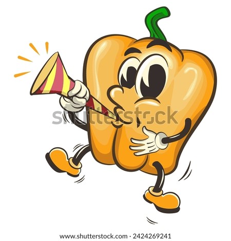 vector isolated clip art illustration of cute yellow bell peppers mascot blowing party trumpet, work of handmade