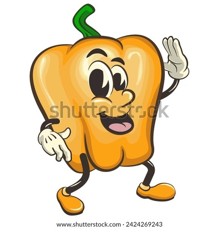 vector isolated clip art illustration of cute yellow bell peppers mascot dancing while waving, work of handmade