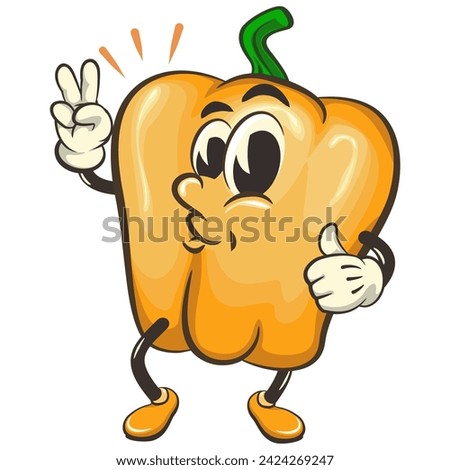 vector isolated clip art illustration of cute yellow bell peppers mascot giving a thumbs up and two fingers, work of handmade