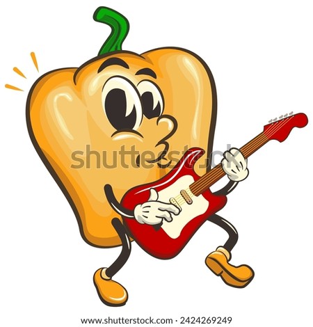 vector isolated clip art illustration of cute yellow bell peppers mascot playing a banjo musical instrument, work of handmade