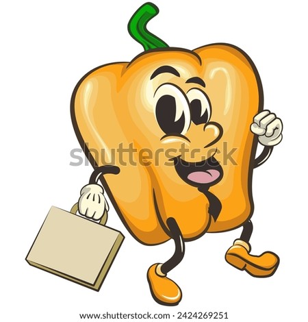 vector isolated clip art illustration of cute yellow bell peppers mascot wearing a tie and carrying a suitcase rushing to the office, work of handmade