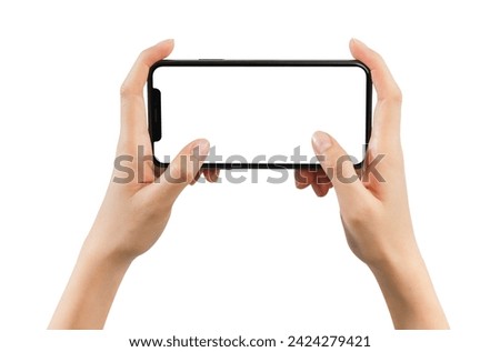Hand play game on smartphone with blank screen on white background, Clipping path.