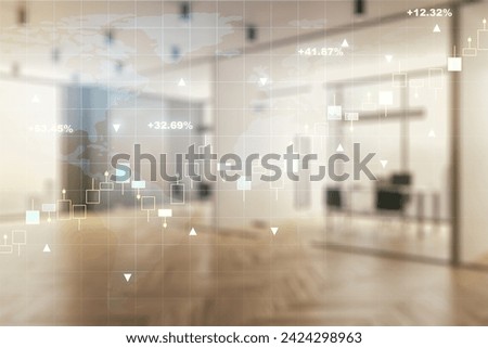 Double exposure of abstract creative financial chart hologram and world map on modern corporate office background, research and strategy concept