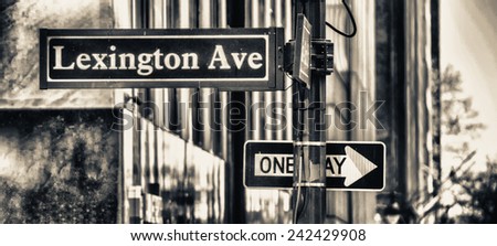 One way and street name sign in Manhattan - New York City.