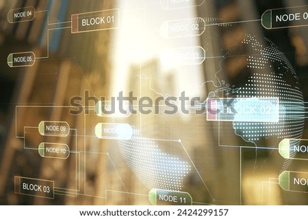 Abstract virtual coding illustration and world map on modern architecture background, international software development concept. Multiexposure