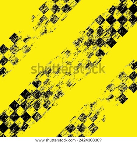 Horizontal black and yellow sport flags silhouettes for start and finish lines with grunge orange brush lines