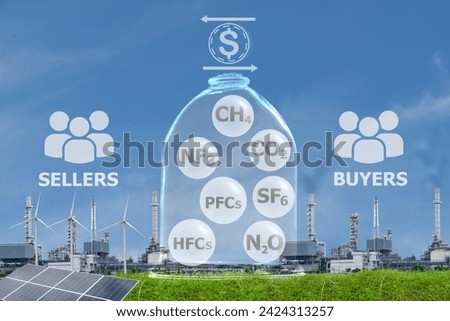 Capturing greenhouse gases such as carbon dioxide, methane and other gases in glass bottles, capture for use or storage and trading carbon credits. Royalty-Free Stock Photo #2424313257