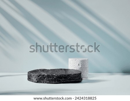 Minimal Luxury mockup for product presentation. black and white stone podium on blue background with natural sunlight shadow, banner, front view stand stage for natural skin care and cosmetic design 