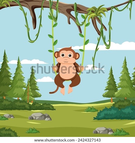 A cheerful monkey swinging from jungle vines.