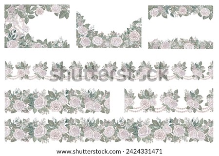 Watercolor floral frame and seamless border of white roses, green leaves, lilac, eucalyptus in a pastel color in vintage style for wedding, Women's Day, Valentine's Day, template, clipart, scrapbook.